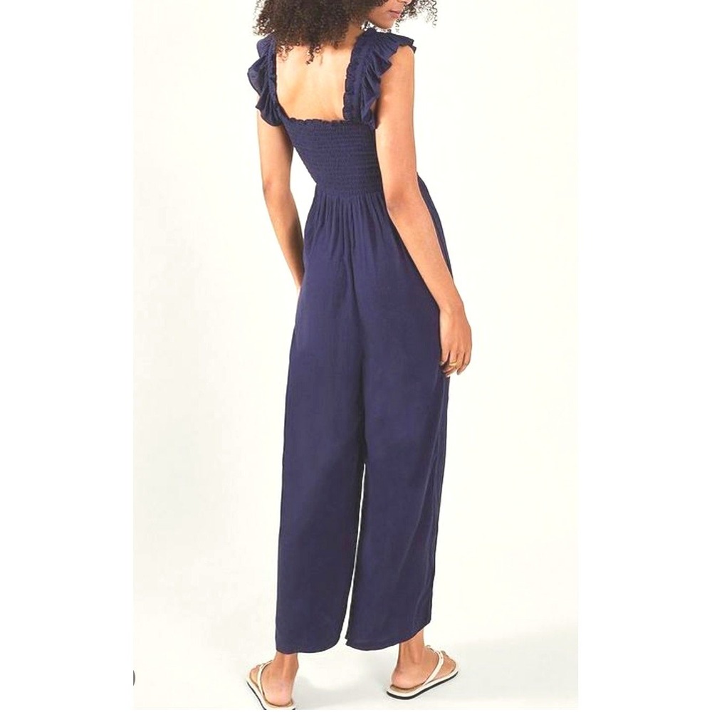 Lulus Navy Blue‎ Eyelet Lace Wide-Leg Jumpsuit Sz M - Picture 3 of 7